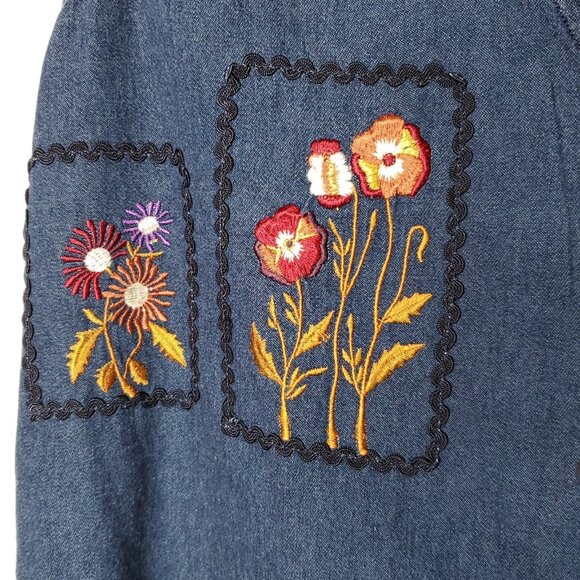 Womens Floral Embroidered Vest M Blue Lightweight Denim Cottagecore Boho Granny - Picture 4 of 6